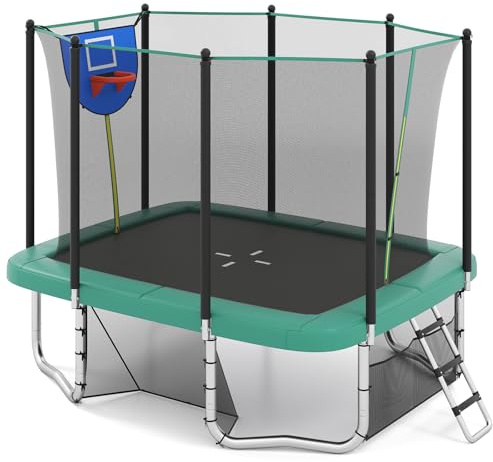 COSTWAY Trampoline Exterieur Enfant Adulte 317x255 cm, Panier de Basketball, But de Football, Échelle, Trampoline Rectangulaire, 68 Ressorts, 2 Portes Zippées, Boucles de Sécurité, pour 3 Ans+