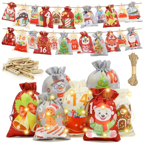 Calendrier de l'Avent à remplir - 24 sachets de Noël à remplir - Sachets en tissu - 2 tailles de calendrier de l'Avent - Décoration de Noël DIY 2025 - Pour enfants