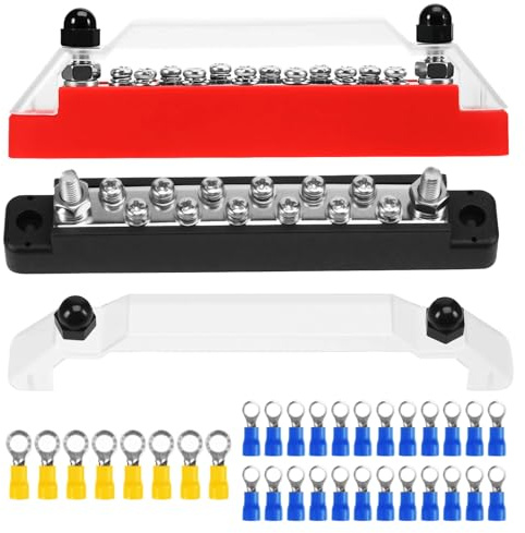 150A Bus Bar 12V-48V, 1/4 (M6) and (M4) Post Terminals, Red and Black | protective cover included,corrosion-resistant, wear-resistant, flexible wiring for car, boat, marine, caravan, rv