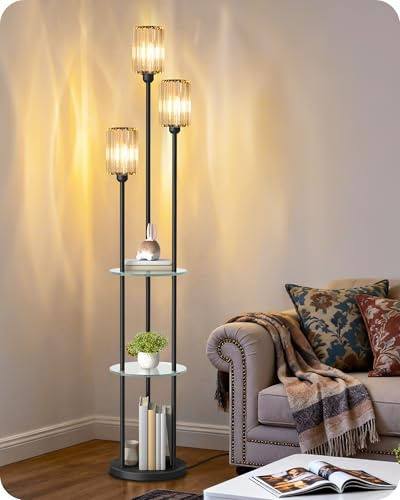 GOEBLESON Stehlampe, Stehleuchte mit Regal, im Vintage-Stil, mit 3 Glaslampenschirm und Fußschalter, für Wohnzimmer, Schlafzimmer und Arbeitszimmer ZB53LDD05