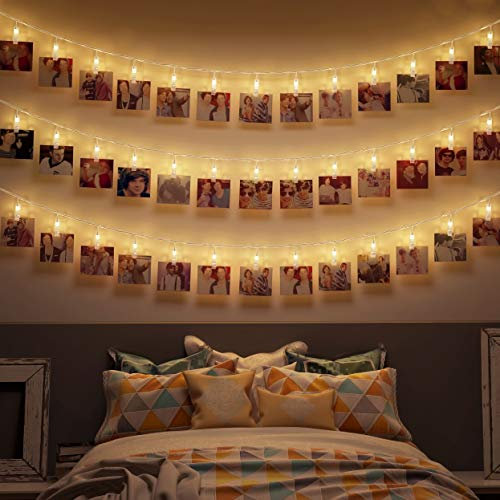 B.K.Licht Clips porta foto luminose I filo luci LED a batteria I mollette con lucine decorative I 5 metri I decorazione da muro per la casa, camera, salotto I 40 luci bianche I IP20