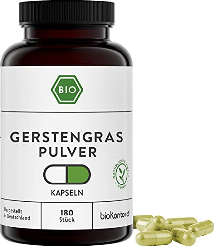 Gerstengras Kapseln BIO | 180 Stück vegane Kapseln | 3000 mg je Tagedosis | Gerstengraspulver | ohne Zusätze | in Deutschland hergestellt | bioKontor