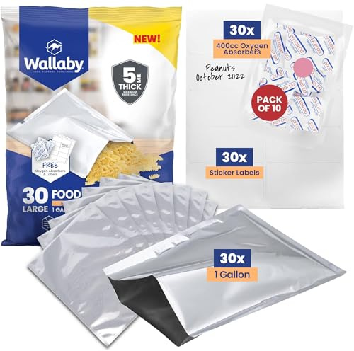 Wallaby Pacchetto di sacchetti in Mylar da 1 gallone - 30 sacchetti in Mylar, 30 assorbitori di ossigeno da 400 cc, 30 etichette - Argento Argento standard Confezione da 30