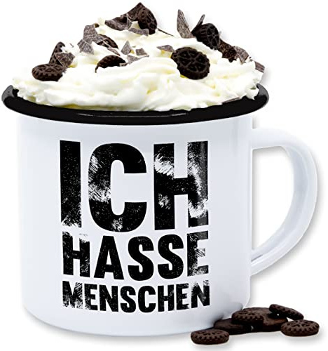 Emaille Tasse Blechtasse - Statement - Ich hasse Menschen - Mag keine - 300 ml - Weiß Schwarz - statements sarkasmus frohes neues jahr new year statement-spruch mit