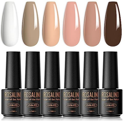 ROSALIND Esmaltes Semipermanentes para Uñas, 6 Colores Mini Pintauñas Semipermanentes Blanco Anaranjado Rosa Marrón，Pintauñas Semipermanentes UV Led
