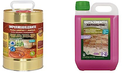 MONESTIR Impermeabilizante para Grietas y Juntas, 5 L & SANET Quitacementos Antisalitre Limpiador restos de Obra Suelos 2 Litros