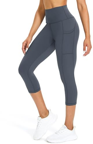 Tuspryt Dam 3/4 joggingbyxor med fickor, sportbyxor dam 3/4 med magkontroll och fyrvägsstretch, svart, XS-XXL, Ljusblå, S