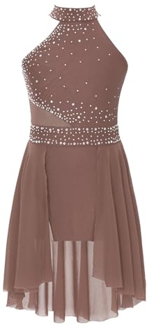dPois Abito da Pattinaggio Artisitco Bambina Body da Balletto Ballo Lirico Contemporaneo Senza Maniche Strass Leotards da Danza Classica Costumi di Danza Moderna Ballerina Marrone 15-16 anni