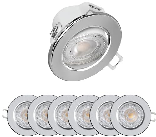 paul russells LED Dimmable Recessed Tilt Downlight, 6Watt 570LM, Warm/Cool/Day White 3 Adjustable CCT, IP44, Round Spotlight for Kitchen, Living, Hall & Bathroom Ceiling Light, 6-Packs (Chrome)