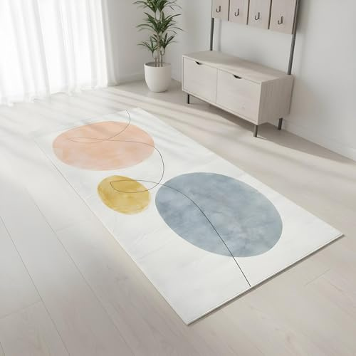 LIKE IT MORE Modern Teppich für Wohnzimmer, Schlafzimmer, Küche und Flur - Waschbarer Rutschfester Teppichläufer - Großer Teppich Läufer Beige Grau Blau Weiß 80x300 (Mond Schwarzgrau)