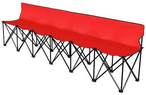 Flexzion Tragbare Klappbank, 6-Sitzer, zusammenklappbare Fußballbank, tragbare Sitzbank für Bleicher, Camping, Seitenlinie, mit Rückenlehne und Tragetasche, Rot