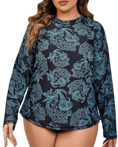 Halcurt Schwimmshirt Damen Übergröße Langarm Rash Guard UV Shirt UPF 50+ Sonnenschutz Badeshirt Schnell Trocknender Bademode 3X