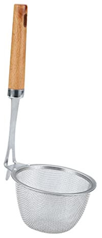 MAGICLULU Stainless Steel Food Strainer and Noodle Skimmer Ladle with Wooden Handle, 304 Stainless Steel Oil Colander for Cooking and Frying, Kitchen Strainer Scoop for Pasta and Vegetables