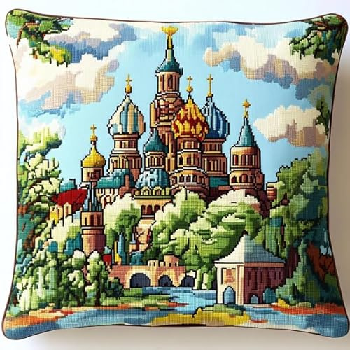 ANSIWEIGO Cojín de nudos, 43 x 43 cm, kit de anudado DIY con juego de ganchos para principiantes y adultos, lienzo impreso, cojín decorativo 3D para sofá, vista del castillo