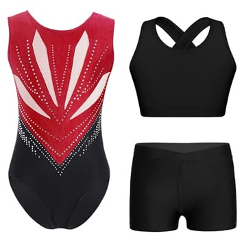 Yeahdor Flickor barn linne enhetsshorts set gymnastikdräkter Athleti 3-delad dansdräkter scenföreställningsdräkter balett-enhetdräkt, Vinröd svart, 122/128 cm