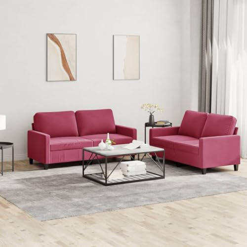 LoogCape 2-TLG. Weinrotes Samt Sofa Garnitur Set, 138/158 cm Breite, mit Kissen, robustem Metallgestell, für Wohnzimmer, gemütliches Sitzen, modernes Design