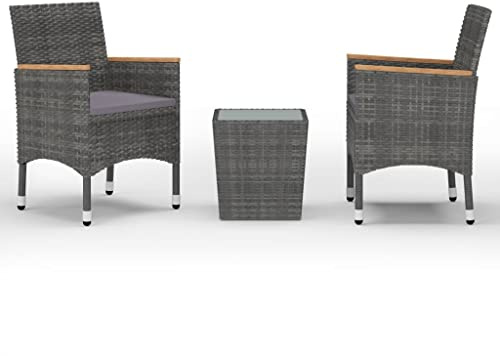 XHNIFBN 3-TLG. Bistro-Set für Garten und Balkon, Rattan-Sitzgruppe mit Tisch aus gehärtetem Glas und 2 Stühlen, Gartenmöbel Garnitur für Terrasse, Grau