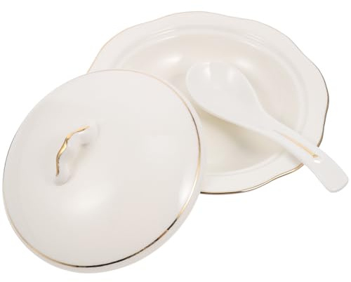 Hoement Zuppiera in Ceramica Bianca con Coperchio in Acciaio Inox, Ciotola per Zuppa con Isolamento Termico, per Cucina e Ristoranti Eleganti