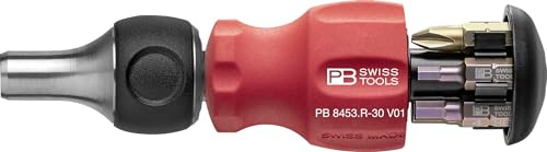 PB Swiss Tools Ratchet Screwdriver PB 8453.R-30 V01 | 100% Swiss Made | Stubby bit Holder Screwdriver with 6 Precision Bits (C6 Slotted / Cross / Hex Socket and Magnetic Holder)