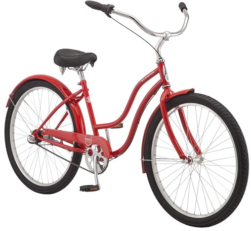 Schwinn Mikko Adult Beach Cruiser Bike, Featuring 17-Inch/Medium Steel Step-Over Frames, 3-Speed Drivetrains, Red