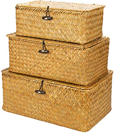 Yesland Shelf Baskets with Lid Set of 3, Handwoven Seagrass Storage Bins Box Rectangular Seagrass Basket Storage Organizer Wicker Basket for Shelf