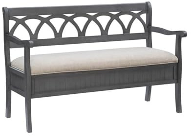Pemberly Row Transitional Wood Storage Bench, Gray Finish, 48 in Wide Upholstered Seat with 100% Polyester, Deep Storage with Dividers, Child Safety Hinges, Living Room or Entryway Seating