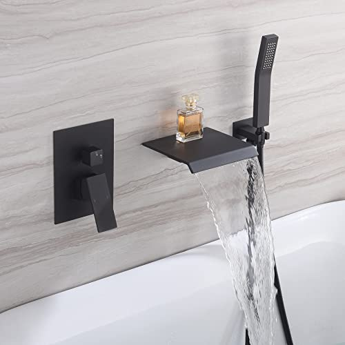Waterfall Bathtub Faucet Set with Sprayer, Wall Mount Tub Spout with Handheld Shower Head Single Handle Shower Tub Faucet Set Matte Black