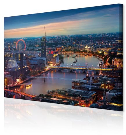 decomonkey Wandbilder London 90x60 cm 1 Teilig Leinwandbilder Kunstdruck | Strukturleinwand, Holzkeilrahmen, Bild auf Leinwand, Wanddeko, Wohnzimmer, Wanddekoration, Haus, Themse, Stadt, Nacht, Blau