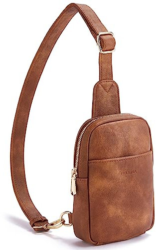 Telena Klein Brusttasche Damen, Sling Bag Damen Umhängetasche Kleiner Crossbody Bag Kunstleder Schultertasche Mini, Braun
