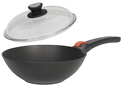 SKK große 2-tlg. Aluguss Wokpfanne Ø 30 cm - Wok mit glattem Boden & Antihaftbeschichtung - Griff abnehmbar - mit Vollglas-Deckel - Made in Germany