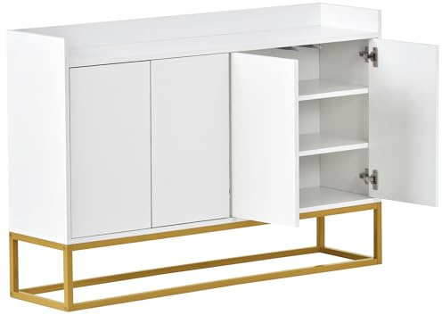 Modernes Sideboard 120 x 30 x 80 cm, mit 4 Türen und Push to open, weiß und goldenbeinen, Arbeitsplatte mit Fallschutzzaun, Buffetschrank, Schuhschrank, Küchenschrank, für Flur, Esszimmer, Wohnzimmer