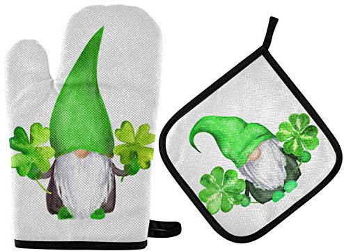 Ofenhandschuhe St. Patrick Day Gnomes 4 Blätter Glücksklee Grillhandschuhe Hitzeresistente Topfhandschuhe Anti-Rutsch Kochhandschuhe Für BBQ Kochen Backen