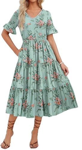 Zeagoo Casual Dress Womens Summer Short Sleeve V Neck Midi Dresses with Pockets Tiered Loose Fit Dress Blue Floral