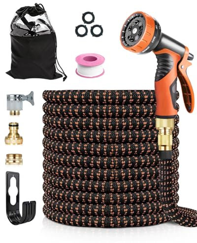 150FT Expandable Garden Hose Pipe, 10 Functions Spray Gun, Leakproof Hose Pipe with 4-Layer Latex Core, 1/2'' & 3/4'' Brass Fittings, Flexible Hose Pipe for Gardening Car Wash Pet, Black & Orange