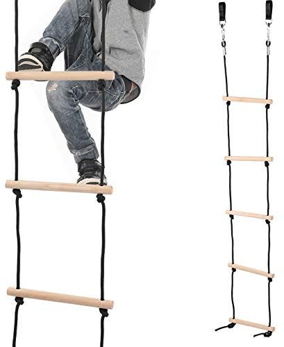 Strickleiter mit 5 Holzsprossen, Outdoor Strickleiter aus Holz, Kletterstrickleiter Spielgeräte, Kletterspielzeug für drinnen und draußen für Kinder
