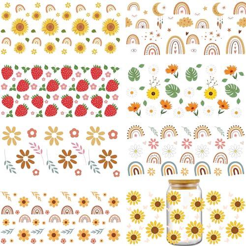 INCOK Rub on Transfers for Crafts - 8 Sheets Boho Strawberry Sunflower UV DTF Cup Wrap for 16 oz Coffee Mug, Rainbow Daisy Floral Glass Tumbler Sticker DIY Laptop Phone Case Decors Decal