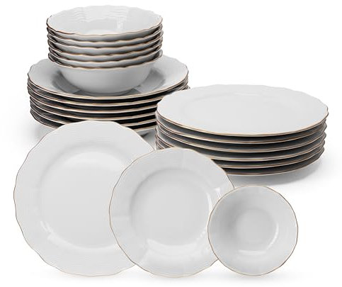 Porland Vajilla de porcelana ondulada, 18 piezas, color blanco y dorado, vajilla completa y elegante para 6 personas