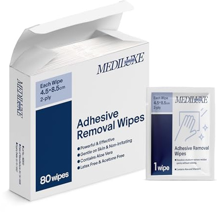 MediLuxe Adhesive Remover Wipes | Pack of 80 Individually Wrapped Sachets | Wipes for Skin that Remove Adhesive Residue from Medical Tape and Sports Tape | Contains Aloe | Acetone Free