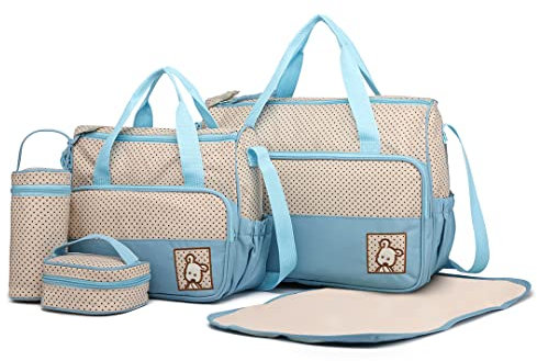 Miss Lulu 5pcs Sac à Langer pour Bébé Set Multifonction Sac à Langer Maternité Messenger en polyester pour l’hôpital Set avec design imprimé à pois (Bleu)