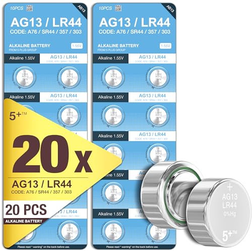 5Plus Group 20 Pcs LR44 AG13 357 303 SR44 A76 1.5V Button Coin Cell Batteries – Ideal for Watches, Hearing Aids, Glucometers, Key Fobs, and More