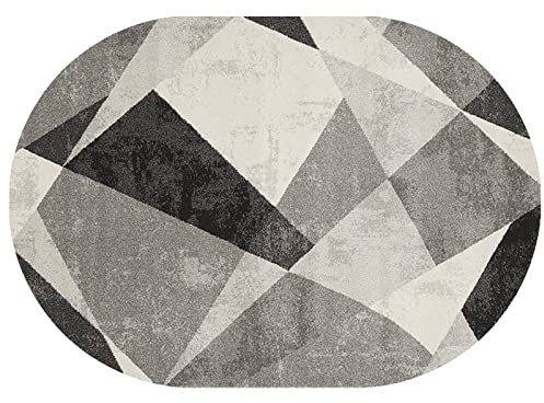 Rururug Teppich Oval Moderner Läufer Orientteppich Kurzflor Flur Schlafzimmer Küche Wohnzimmer rutschfest Waschbar, schwarz grau geometrisch Oval 80 x 150 cm