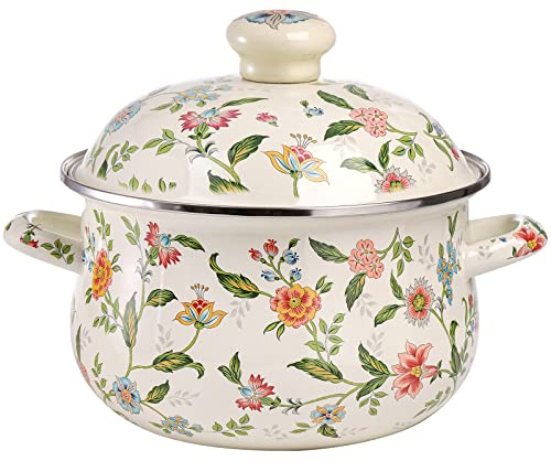 Jucoan 2.8 Quart Vintage Enamel Cooking Pot with Lid, Green Floral Enamelware Simmer Pot Saucepan with Dual Handles for Gas Electric Stovetop, Soup Bowl Gift for Housewarming Wedding Bridal Shower