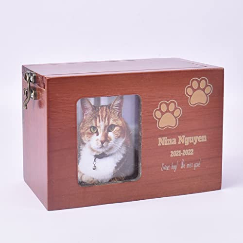 GIBZ Urnes Personnalisé pour Animaux Cendres pour Chiens Chats Cendres Boîte Commémorative en Bois avec Nom de Photo, Brun