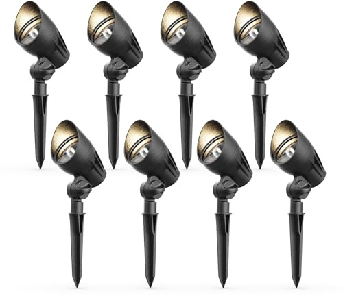 Low Voltage Landscape Lights 8PK Kit 12V Spotlights with Replacement 50 Watt 380 Lumen MR16 Halogen Bulb Yard Lights 3000K Warm White Outdoor Lighting Connectors and Stakes