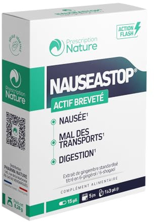 Prescription Nature - NAUSEASTOP - Complément Alimentaire à Base de Plantes - Nausée, Mal des Transports, Digestion - Fabrication Française - 15 Gélules