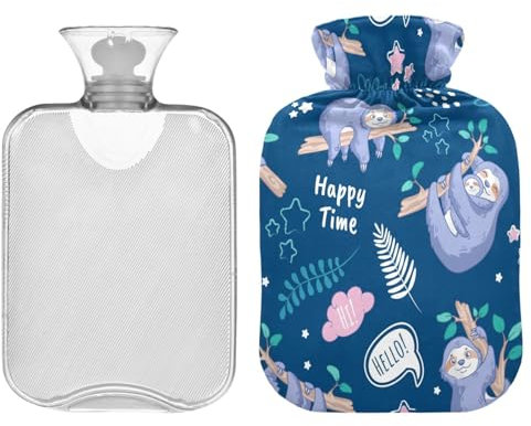 ZZXXB Faultier Happy Time Wärmflasche mit Fleece-Bezug, PVC-Wärmbeutel, 1 Liter