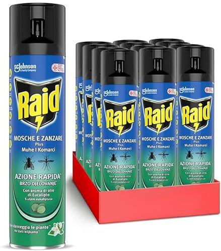 Raid Mosche e Zanzare, Spray Insetticida, Antizanzare e Antimosche, Azione Rapida, Fragranza Eucalipto 12 x 400 ml