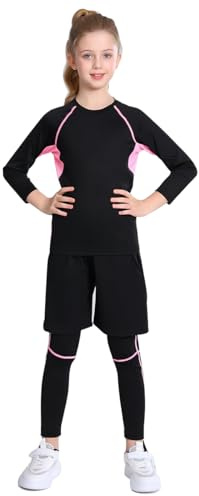 linboo Kinder Mädchen Sportanzug 3tlg Yoga Anzug mit Langen Ärmeln, Hosen, Sport Short, Kleidung Set, Atmungsaktiv und Elastisch, Outdoor eng anliegende Tanz- und Fitnessbekleidung, Rosa, 116-122