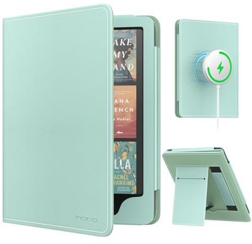 MoKo Custodia Compatibile con 7 Kindle Paperwhite(12th Generazione 2024), Ricarica senza fili Magnete Riattivazione e Standby, Con Supporto Verticale e Cinturino, Verde Agave