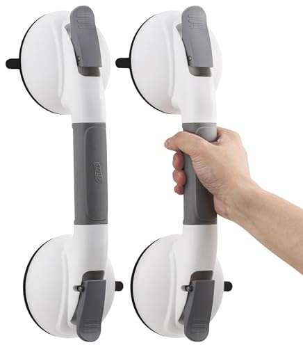 TAILI Succion Barre d'Appui Salle de Bain 2 Pack, MAX 150 KG, pour Personnes âgées, Équipé d'une Ventouse en Caoutchouc Améliorée, Poignées de Douche pour Carrelage Texturé, Pas de Perçage - Gris